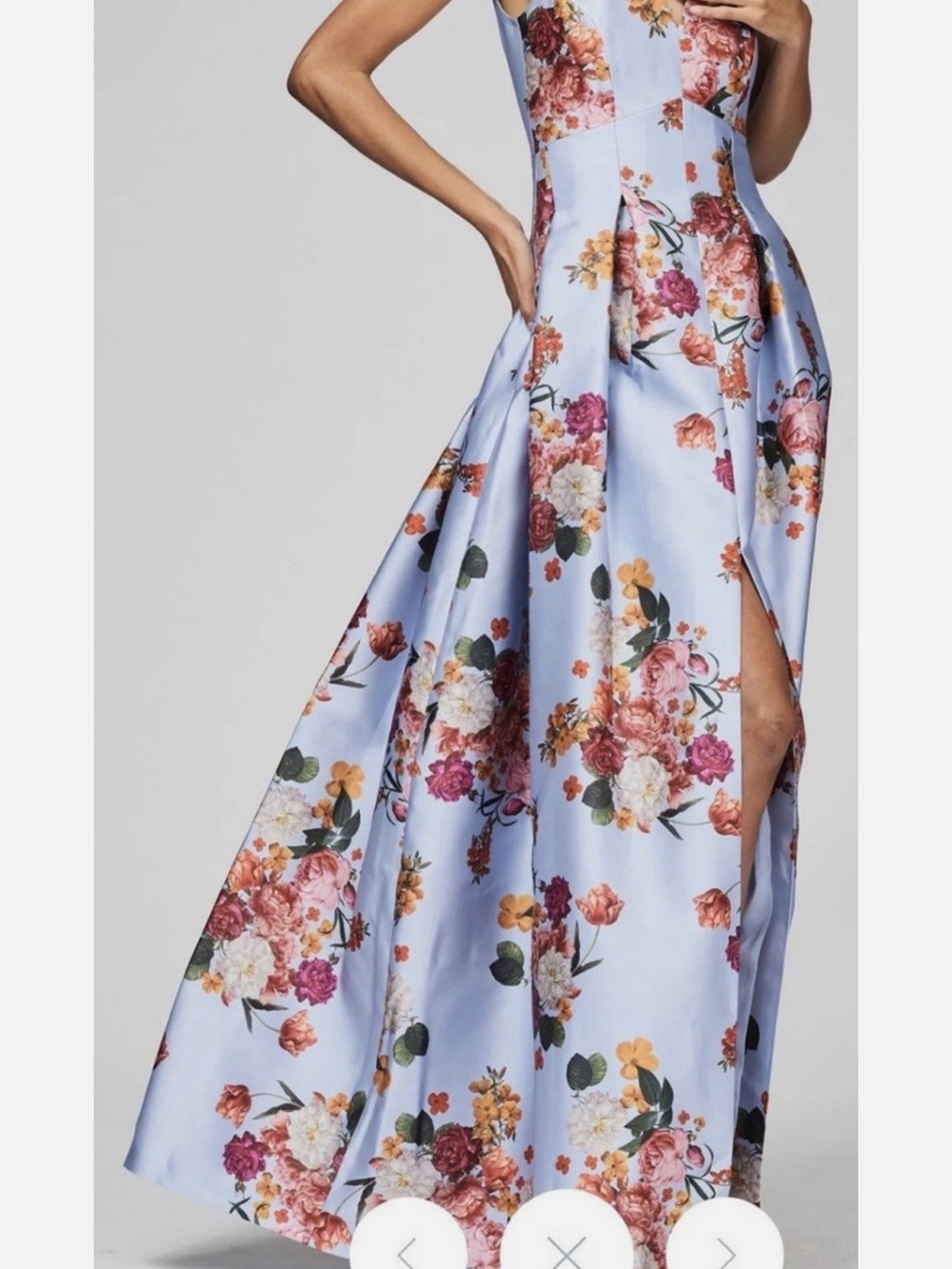SACHIN BABI Brooke Pleated Floral Satin Evening Gown in Glacial Blue
